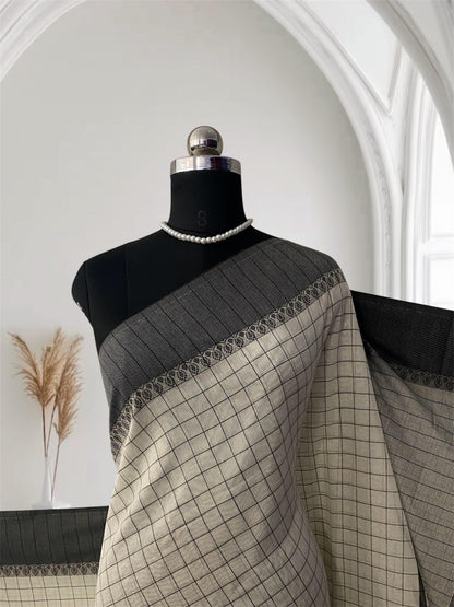 Off-White & Charcoal Grid Chanderi Cotton Saree