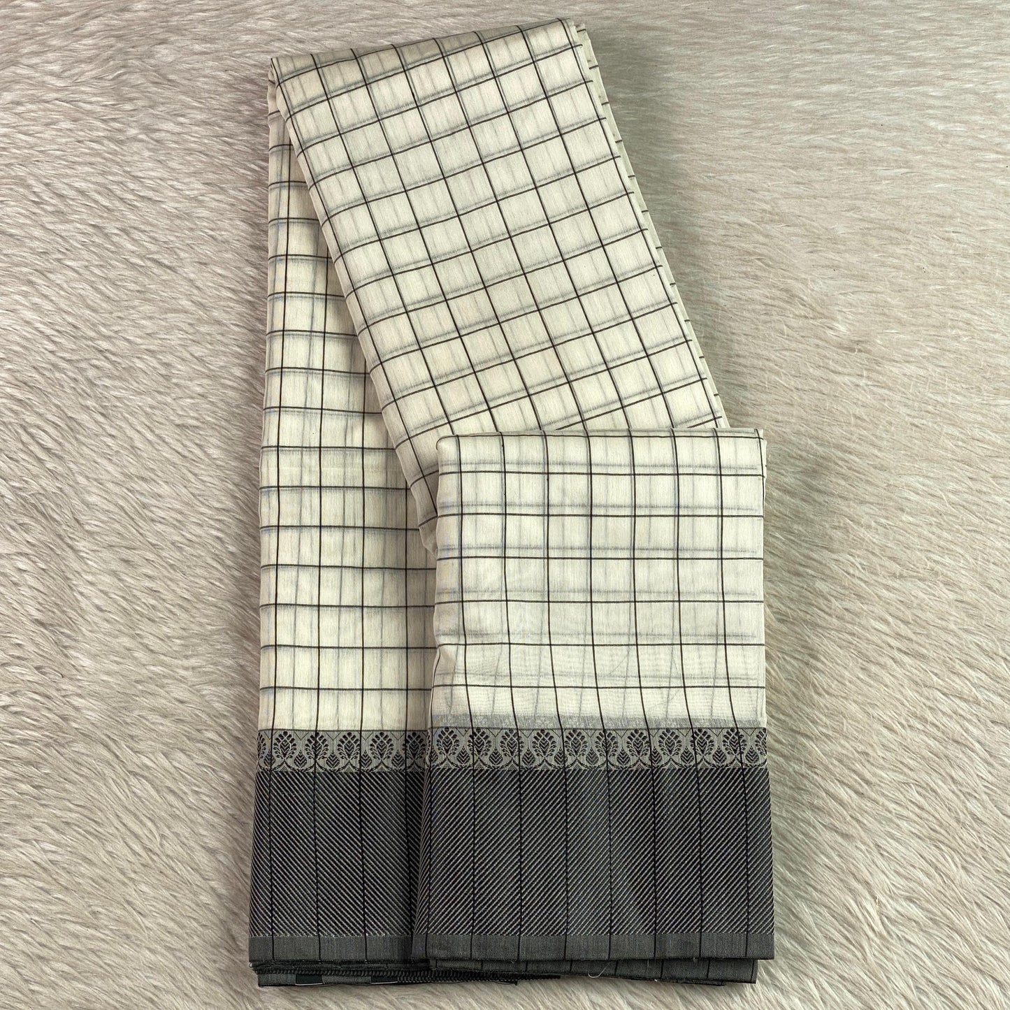 Off-White & Charcoal Grid Chanderi Cotton Saree