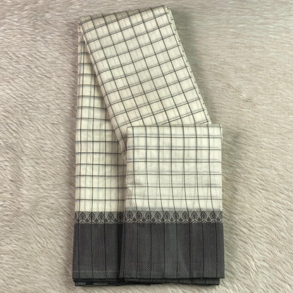 Off-White & Charcoal Grid Chanderi Cotton Saree