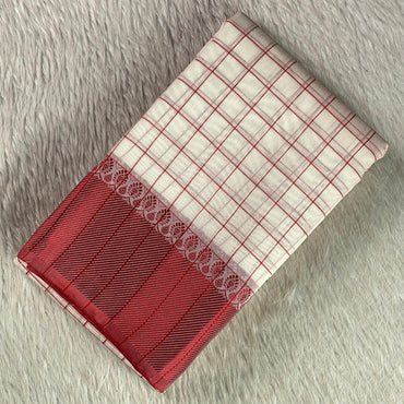 Red & Off white Checkered Chanderi Cotton