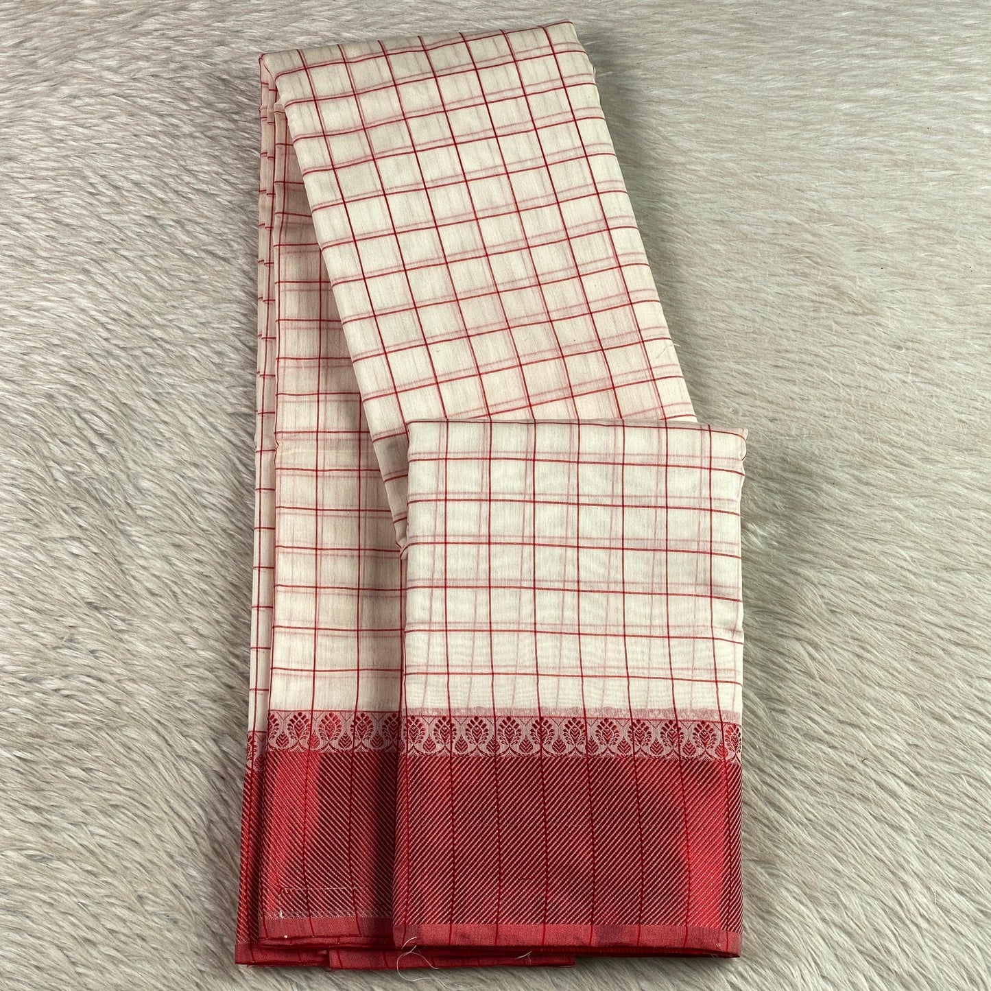 Red & Off white Checkered Chanderi Cotton