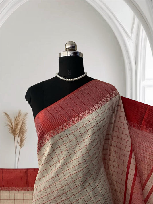 Red & Off white Checkered Chanderi Cotton