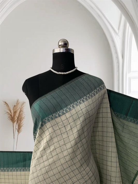 Green & Off white Checkered Chanderi Cotton