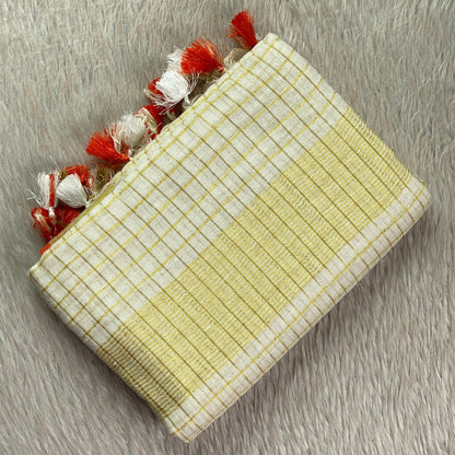 Kannaki Semi Linen Jute Saree with Orange Zari Border