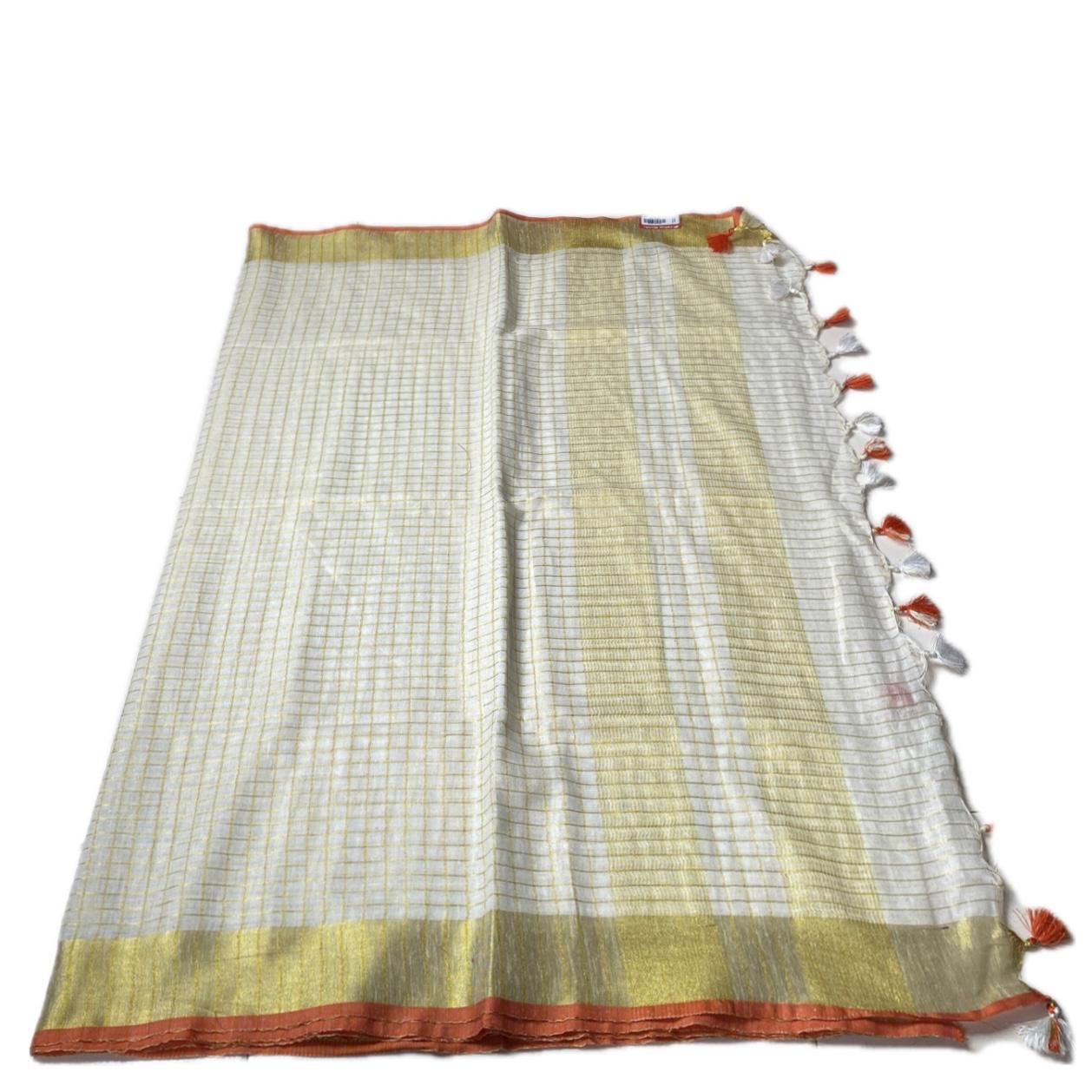 Kannaki Semi Linen Jute Saree with Orange Zari Border