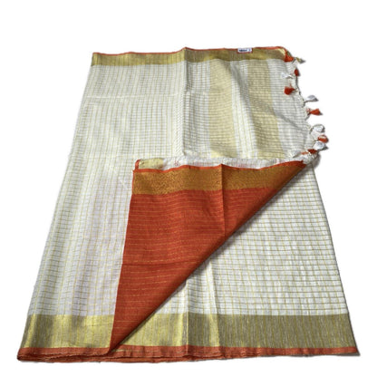 Kannaki Semi Linen Jute Saree with Orange Zari Border