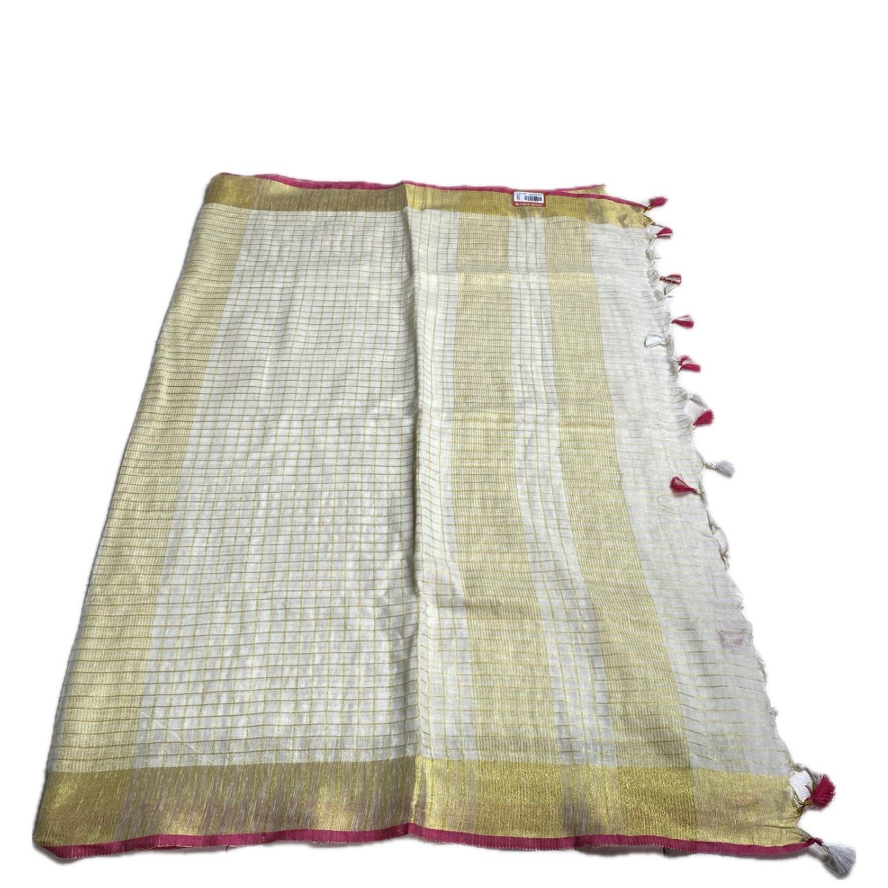 Kannaki Semi Linen Jute Saree with Pink Zari Border