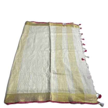 Kannaki Semi Linen Jute Saree with Pink Zari Border