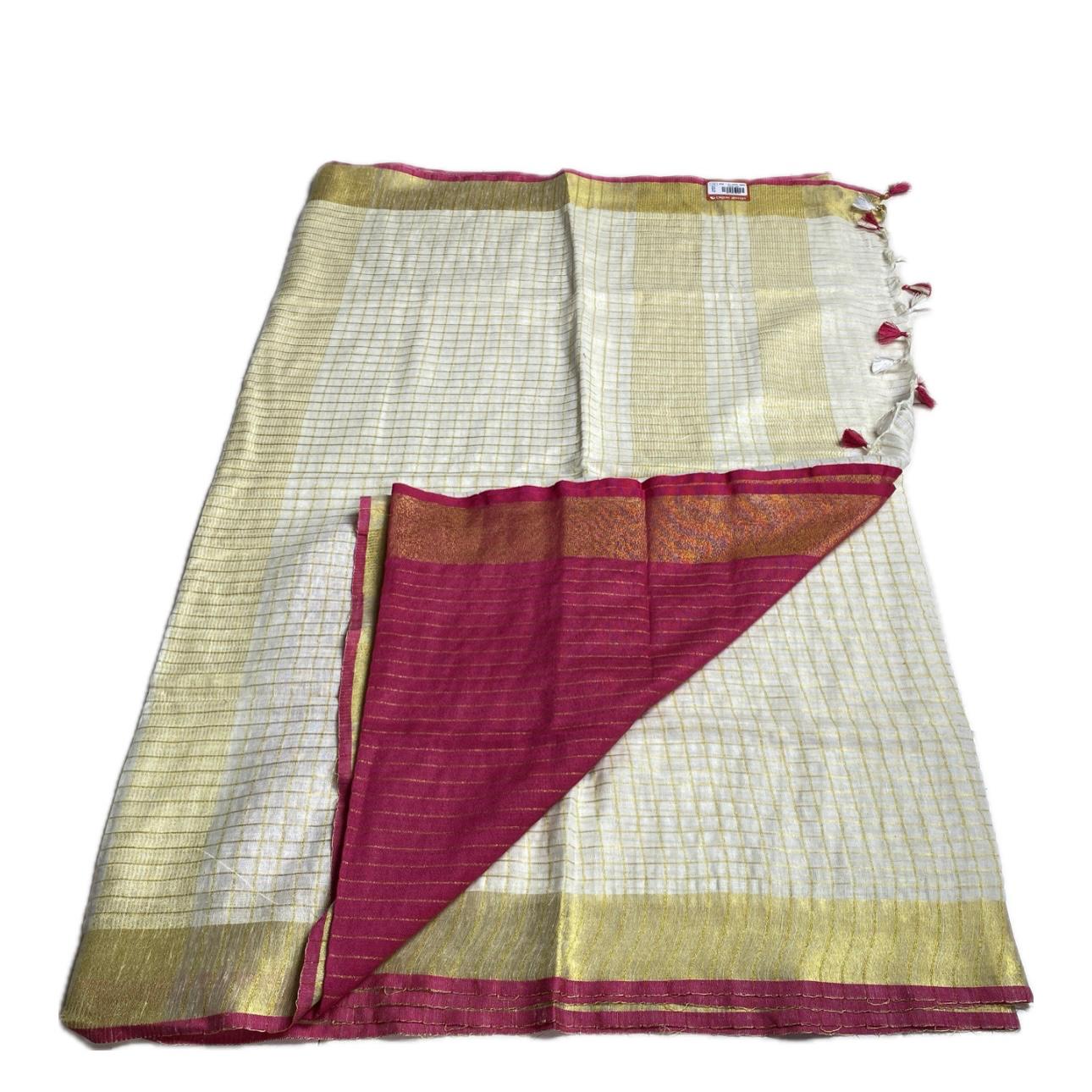 Kannaki Semi Linen Jute Saree with Pink Zari Border