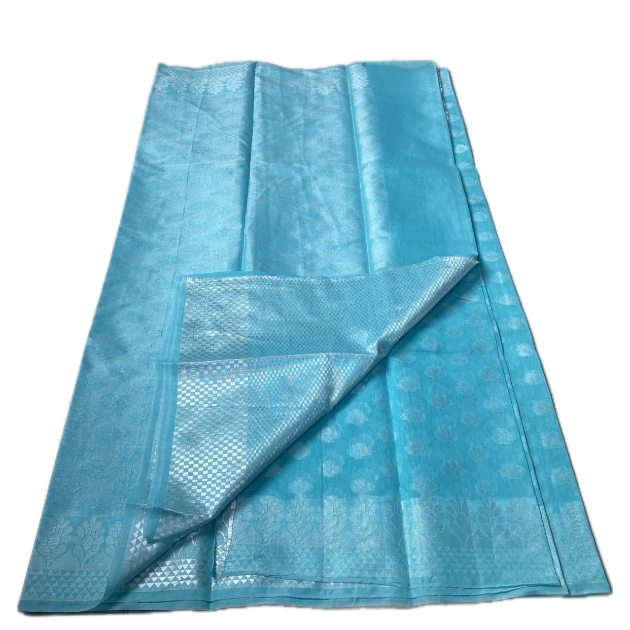 Sky Blue Cotton Floral Butta Saree