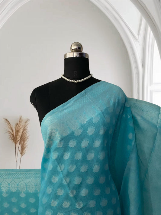 Sukanya Sky Blue Cotton Floral Butta Saree