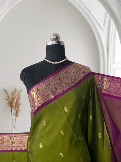 Angitha Olive Green Semi Soft Silk Saree with Contrast  Zari Border (Dress Code)