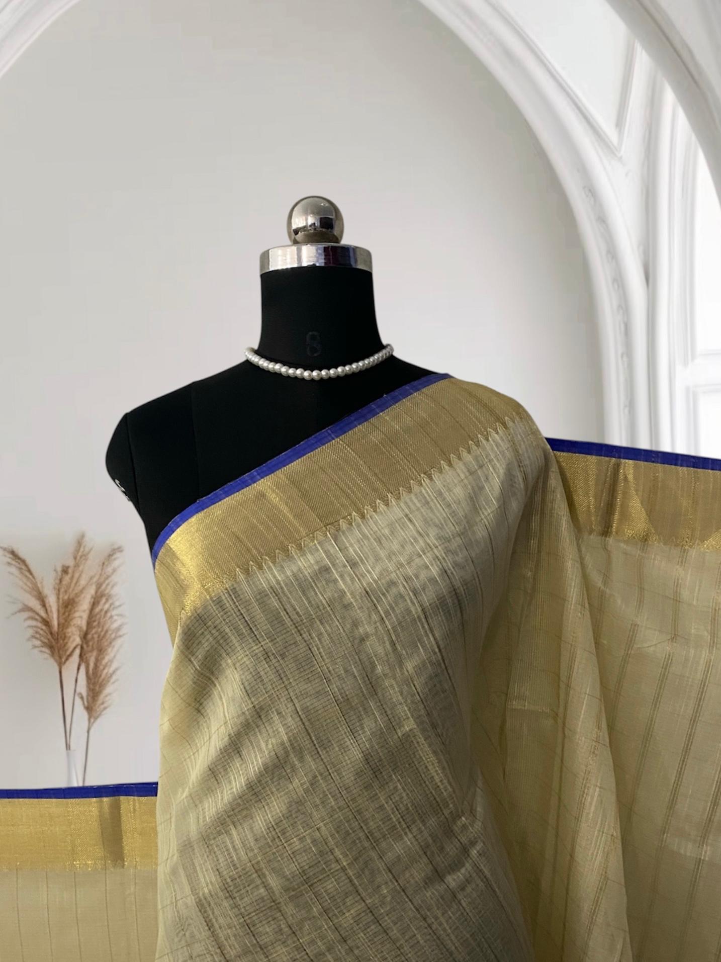 Mounika Checks Tissue Cotton Saree with Royal Blue Border