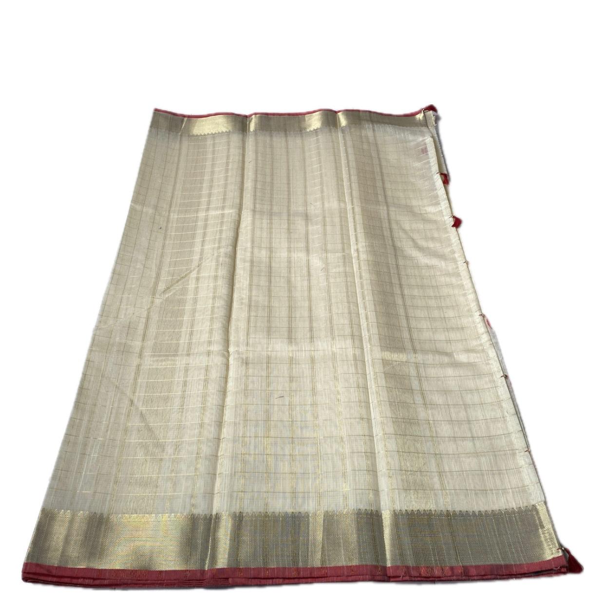 Mounika Checks Tissue Cotton Saree with Red Line Border