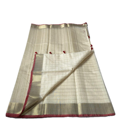 Mounika Checks Tissue Cotton Saree with Red Line Border