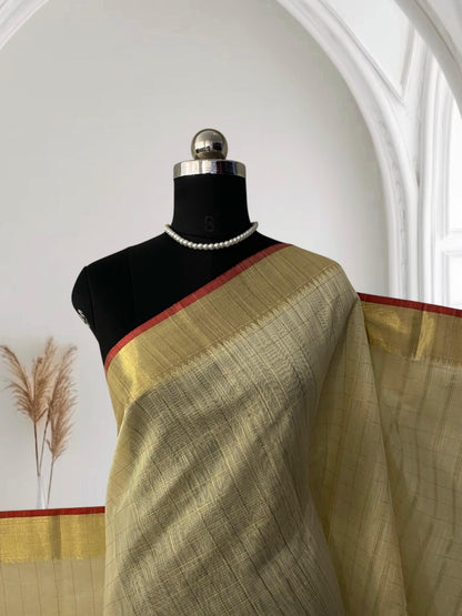 Mounika Checks Tissue Cotton Saree with Red Line Border