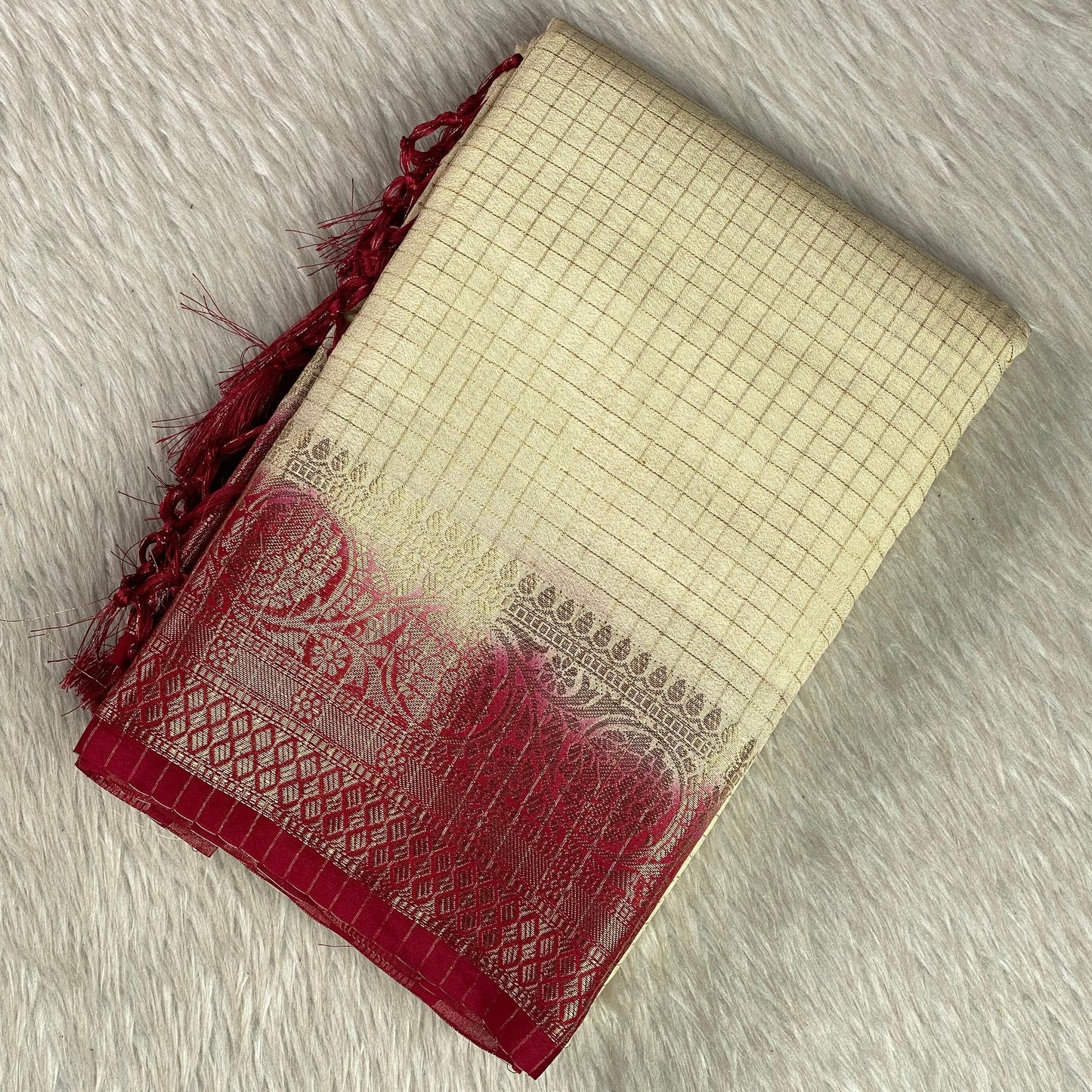 Georgette Banarasi Saree in Checks and Contrast Border Cream