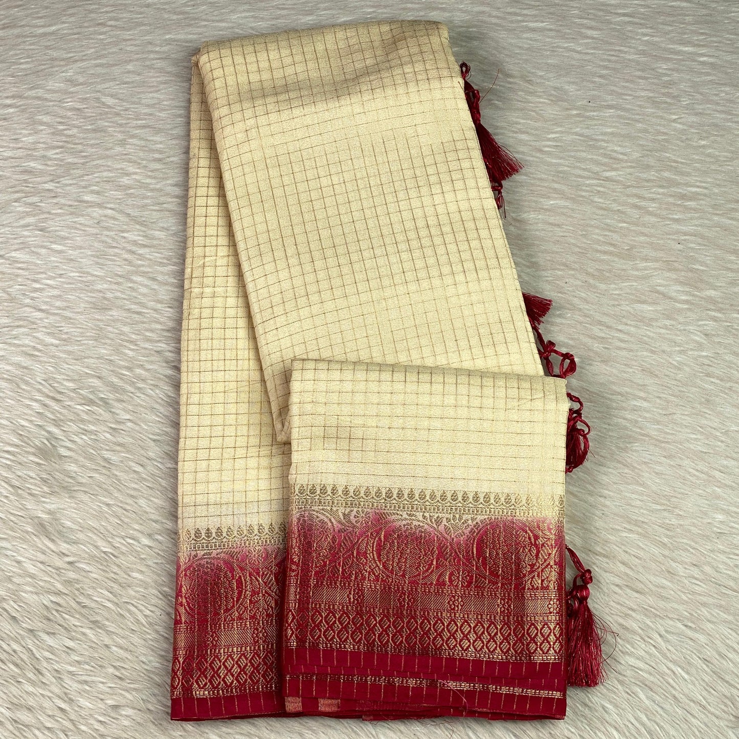 Georgette Banarasi Saree in Checks and Contrast Border Cream