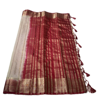 Georgette Banarasi Saree in Checks and Contrast Border Cream