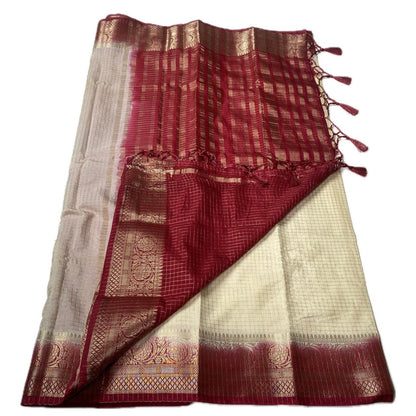 Georgette Banarasi Saree in Checks and Contrast Border Cream