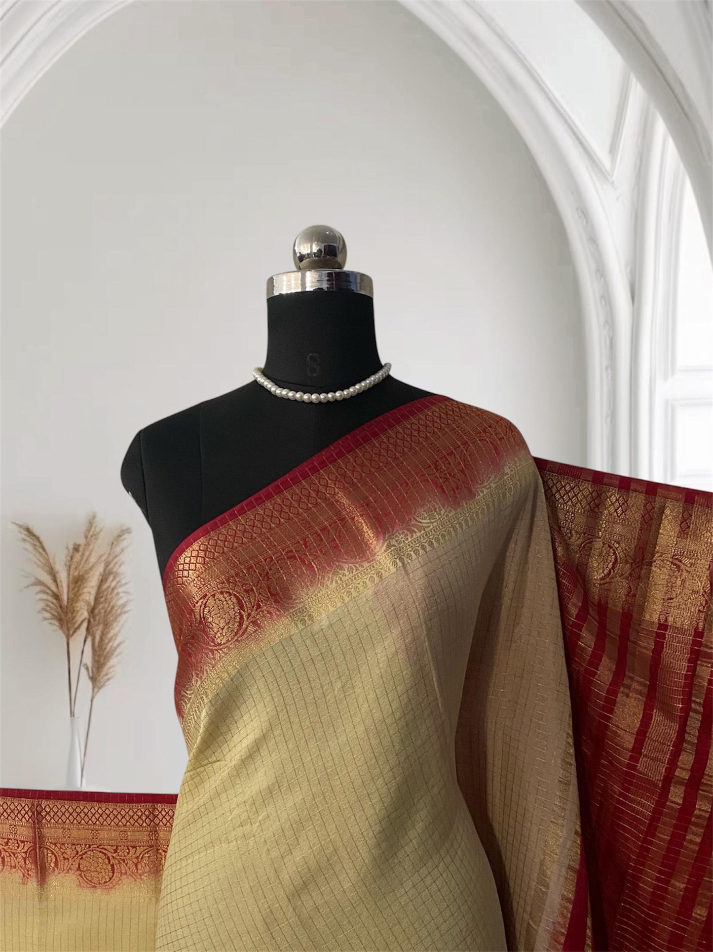 Georgette Banarasi Saree in Checks and Contrast Border Cream