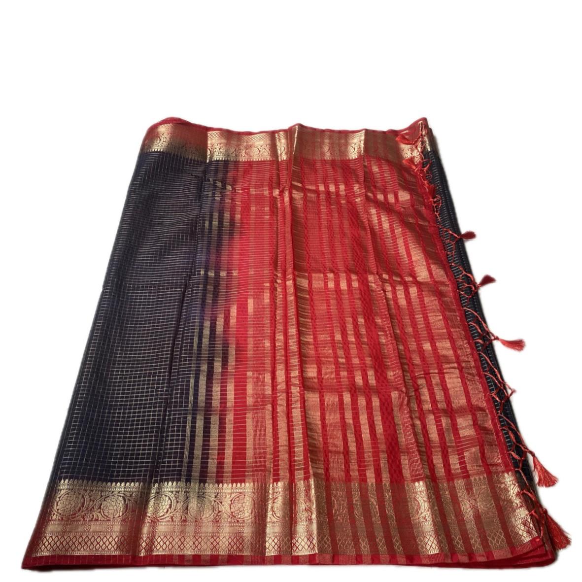 Georgette Banarasi Saree in Checks and Contrast Border Black