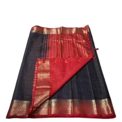 Georgette Banarasi Saree in Checks and Contrast Border Black