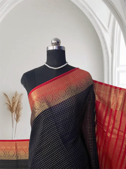 Georgette Banarasi Saree in Checks and Contrast Border Black