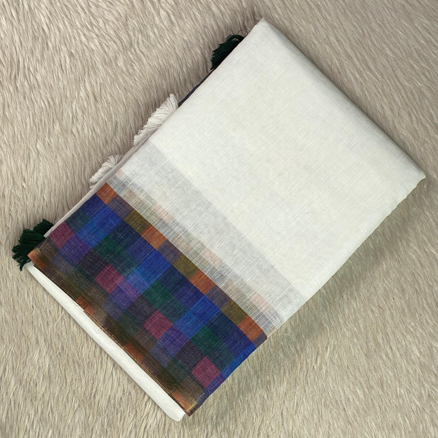 Blue Madras Check Semi Linen Saree ✨