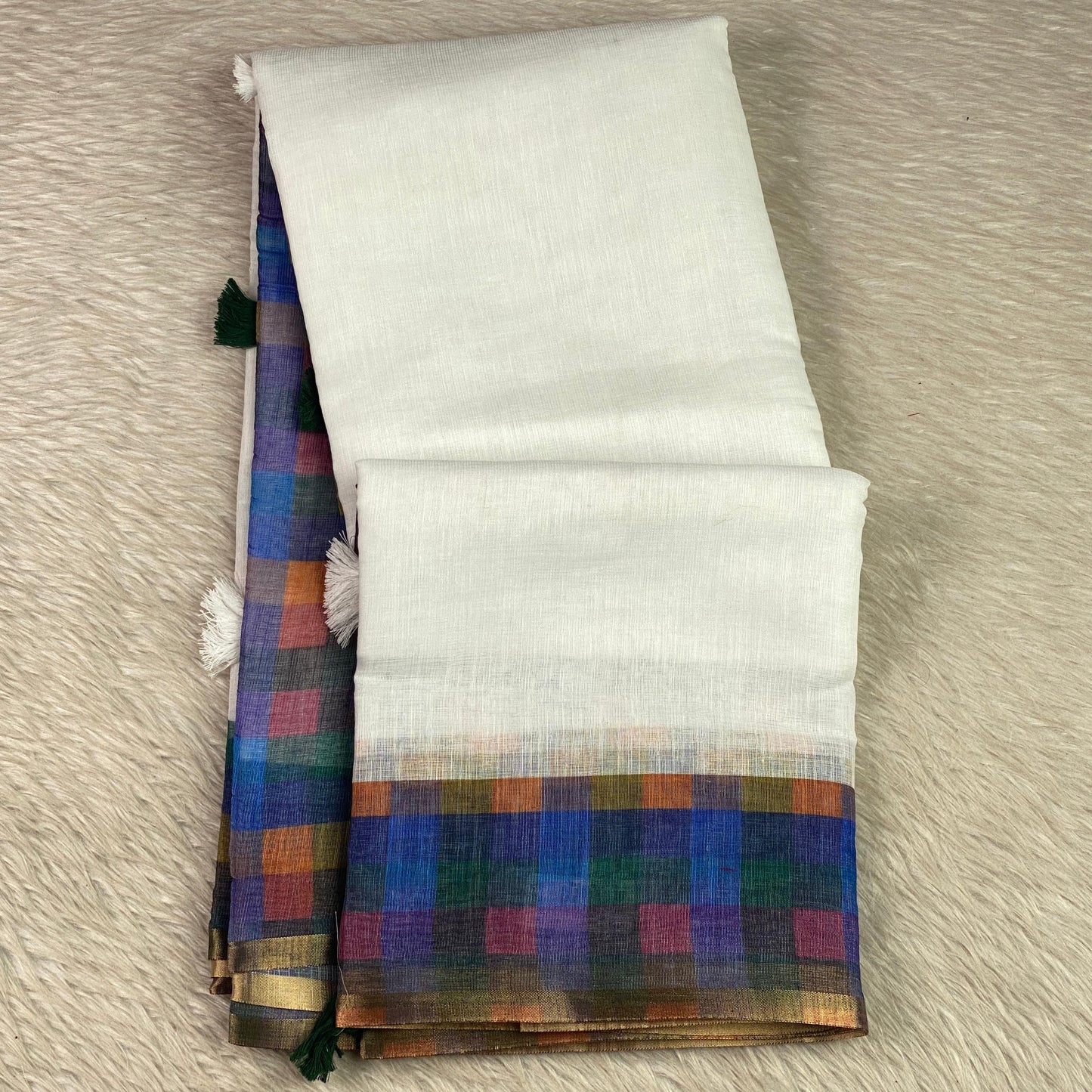 Blue Madras Check Semi Linen Saree ✨