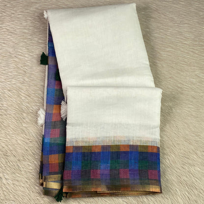 Blue Madras Check Semi Linen Saree ✨