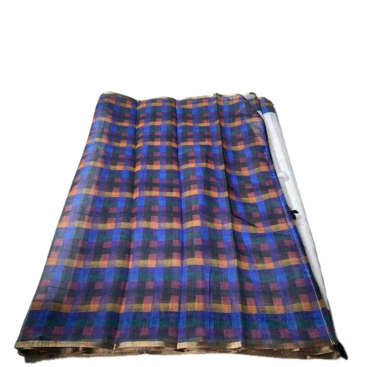 Blue Madras Check Semi Linen Saree ✨