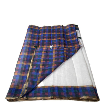 Blue Madras Check Semi Linen Saree ✨