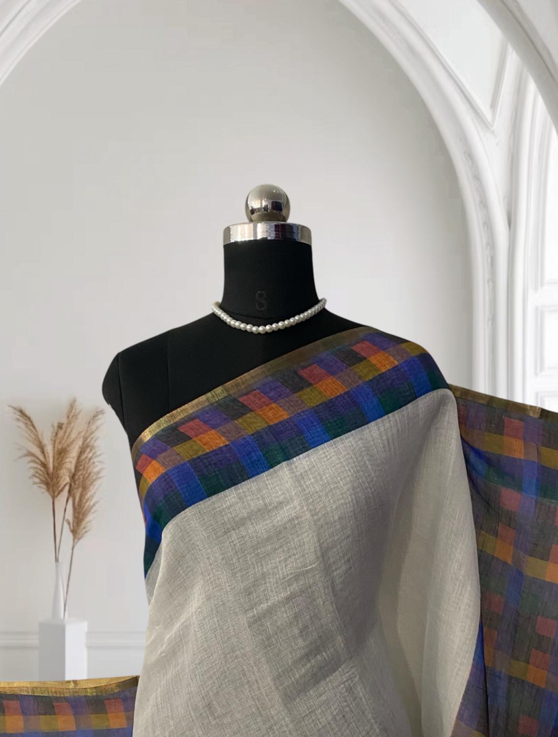 Blue Madras Check Semi Linen Saree ✨