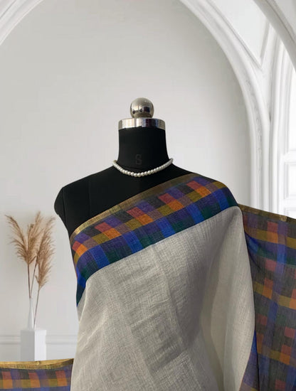 Blue Madras Check Semi Linen Saree ✨
