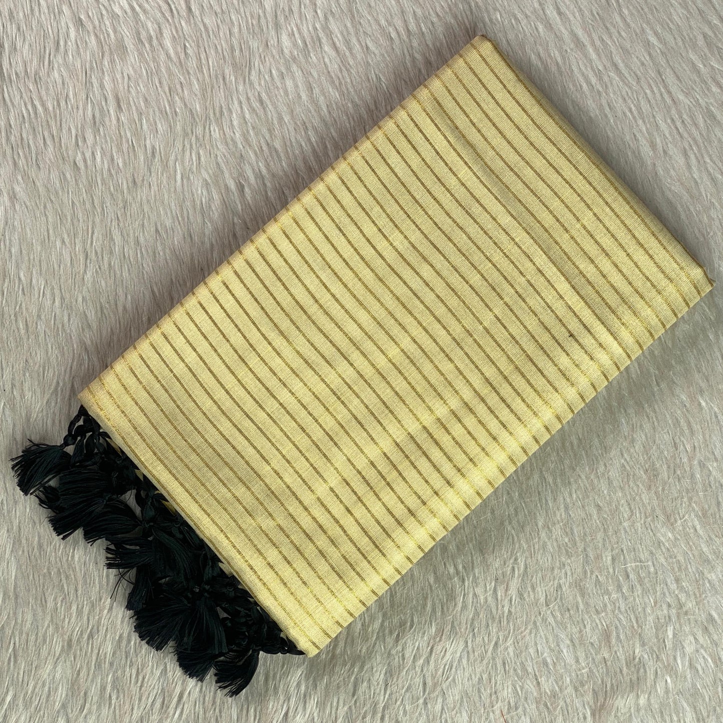 Tissue Kerala Saree with Stipes and Black Tassels