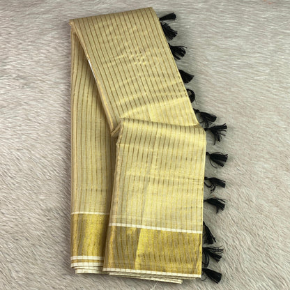 Tissue Kerala Saree with Stipes and Black Tassels