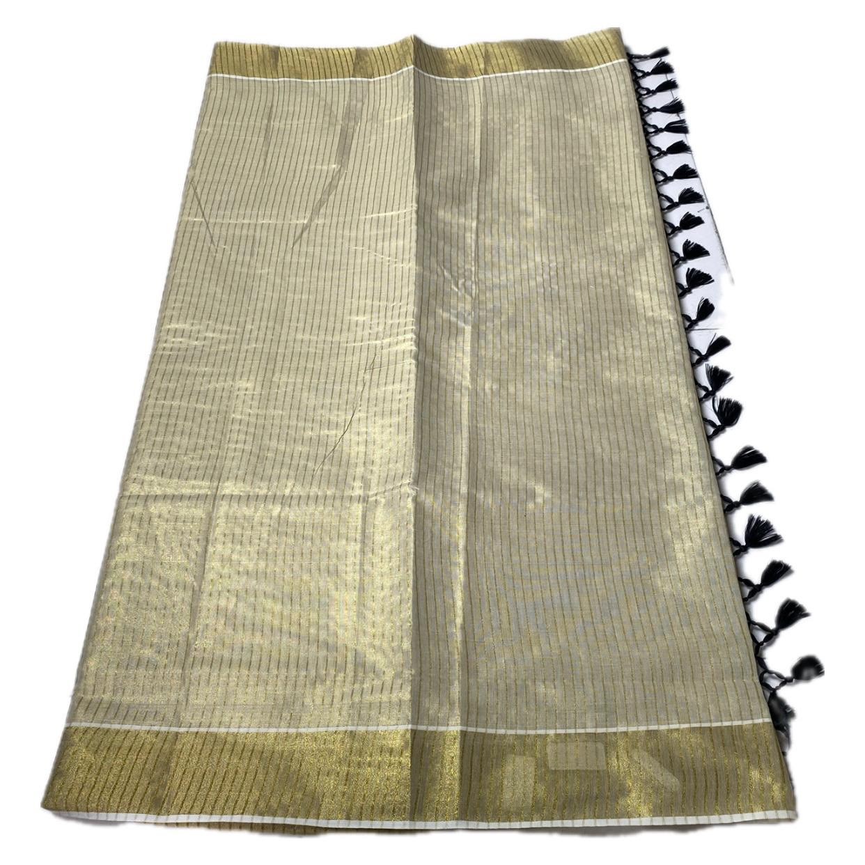 Tissue Kerala Saree with Stipes and Black Tassels