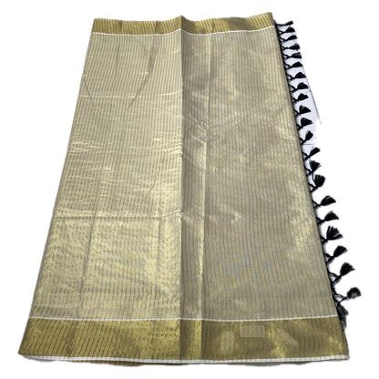 Tissue Kerala Saree with Stipes and Black Tassels