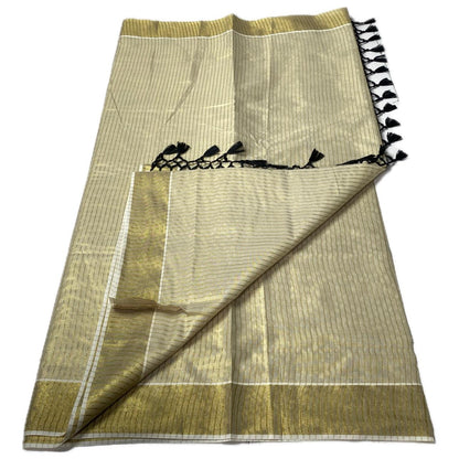 Tissue Kerala Saree with Stipes and Black Tassels