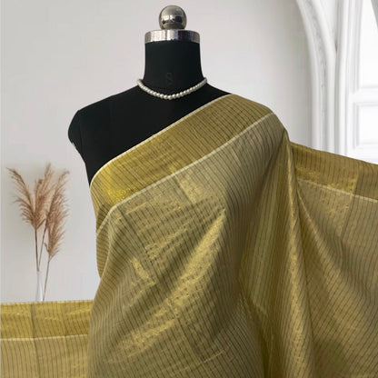 Tissue Kerala Saree with Stipes and Black Tassels