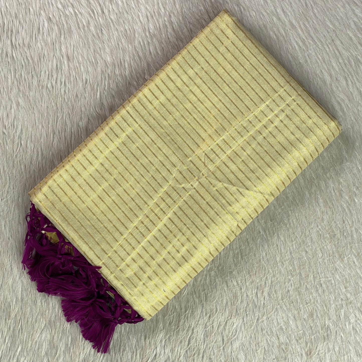 Tissue Kerala Saree with Stipes and Purple Tassels