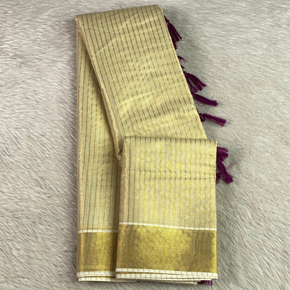 Tissue Kerala Saree with Stipes and Purple Tassels