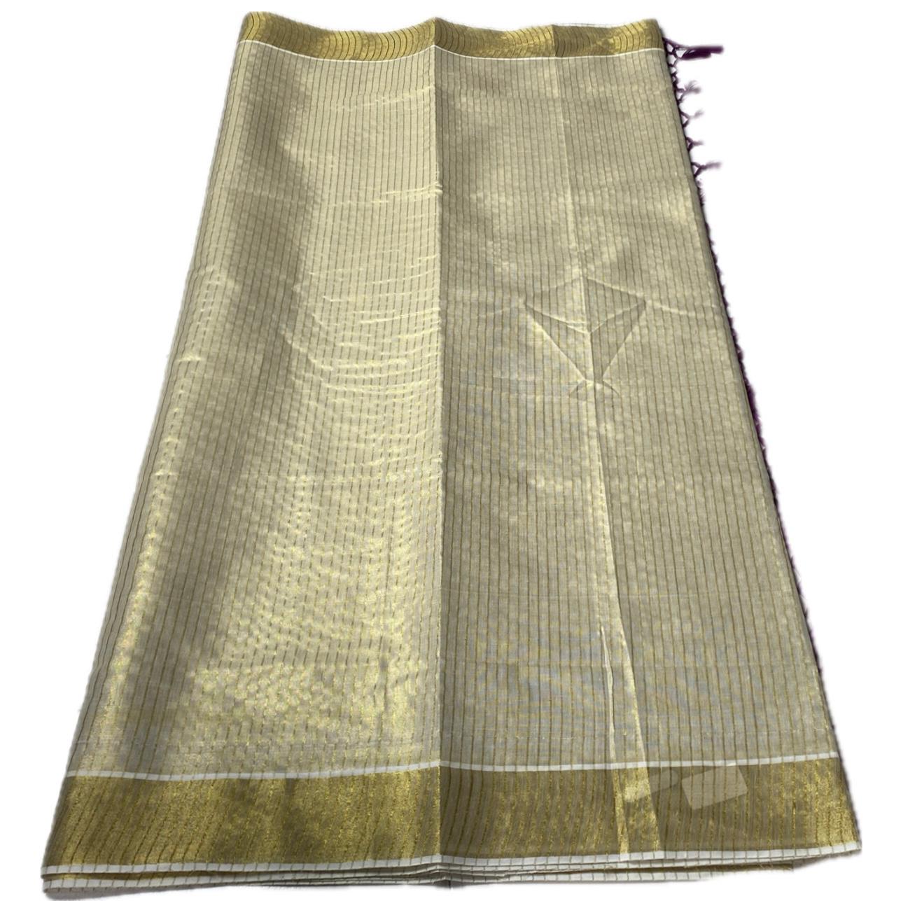 Tissue Kerala Saree with Stipes and Purple Tassels