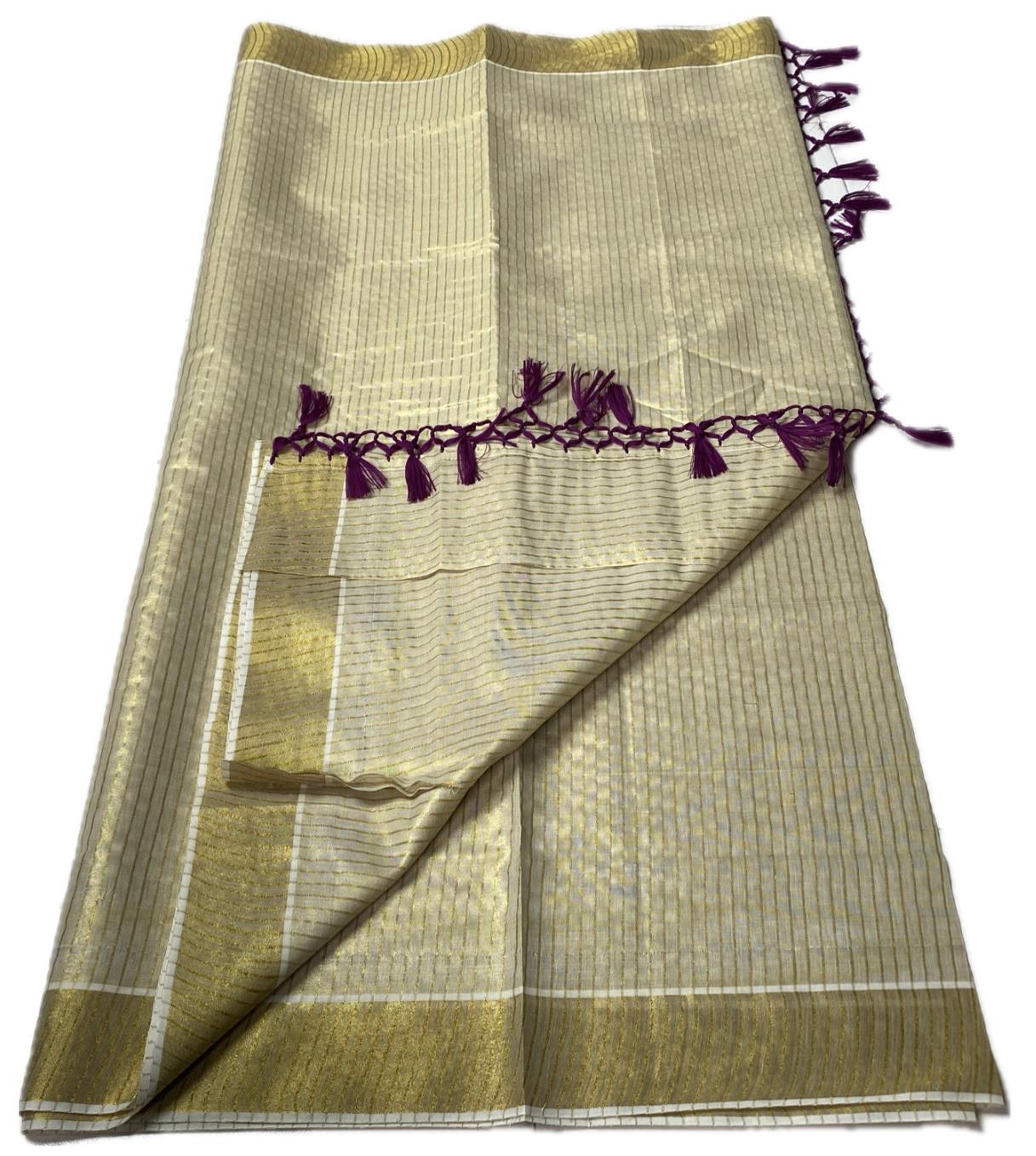 Tissue Kerala Saree with Stipes and Purple Tassels