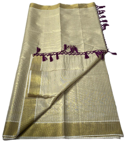 Tissue Kerala Saree with Stipes and Purple Tassels
