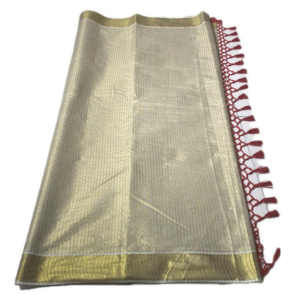 Tissue Kerala Saree with Stipes and Red Tassels