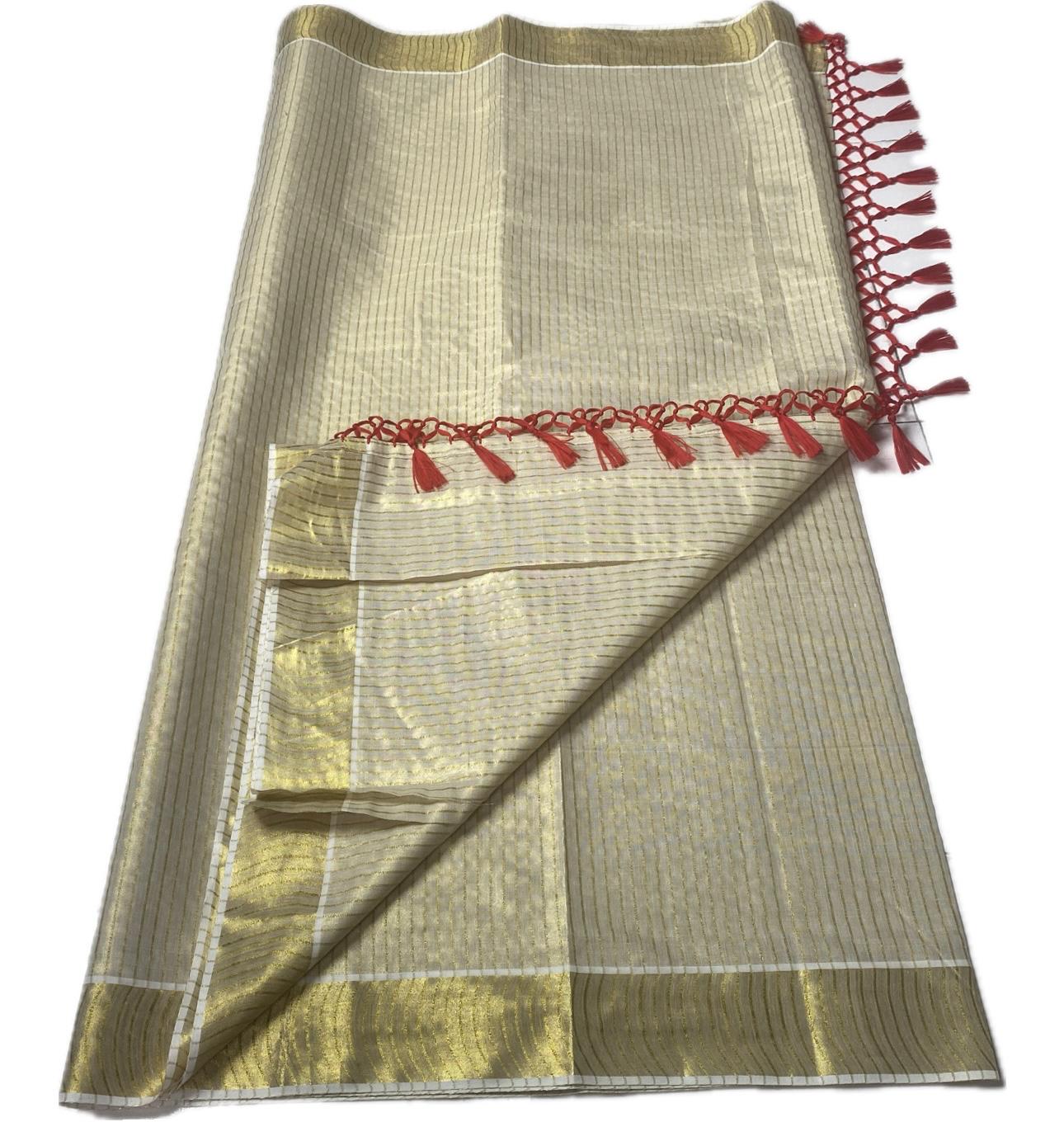Tissue Kerala Saree with Stipes and Red Tassels