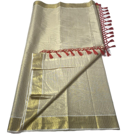 Tissue Kerala Saree with Stipes and Red Tassels