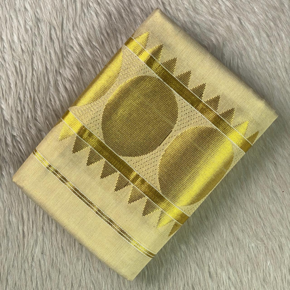 Butta Golden Coin Polka with Triangle Design  Tissue Set Mundu